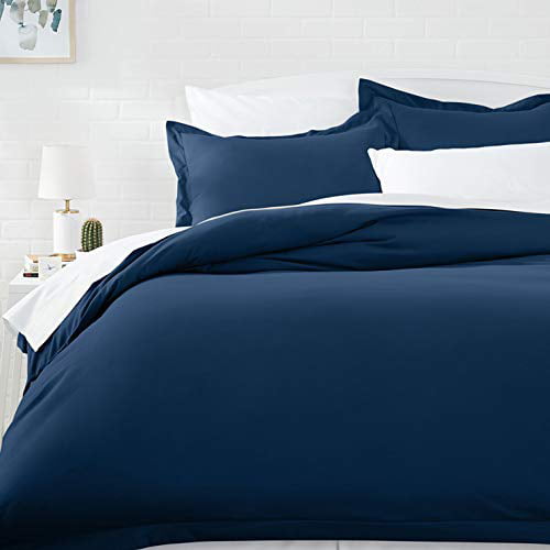 Full/Queen Basics Ultra-Soft Light-Weight Microfiber Reversible Comforter Bedding Set Navy/Beige Stripes 